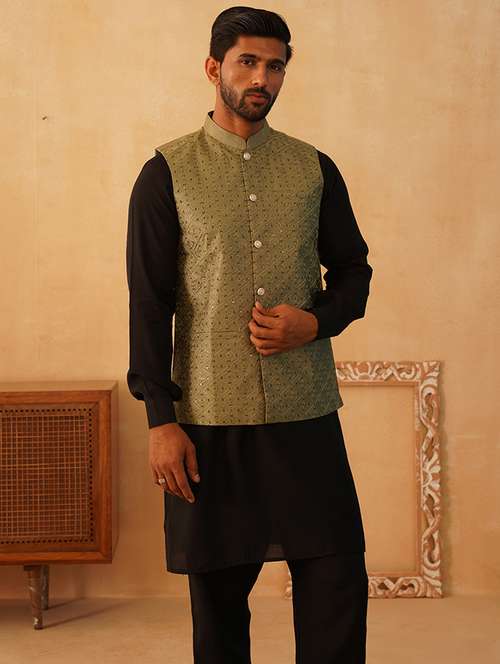 men embroidered kurta pyjama with jacket ethnic wear set - 21505343 -  Standard Image - 0