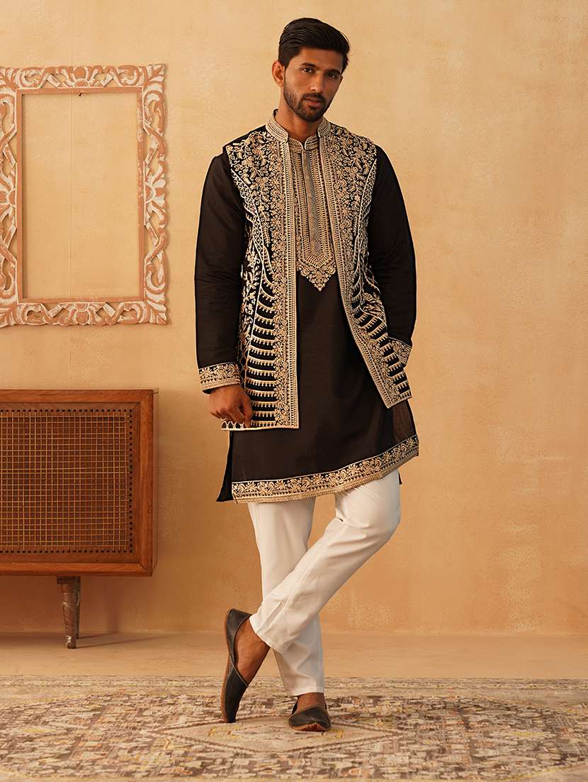 men embroidered kurta pyjama with jacket ethnic wear set