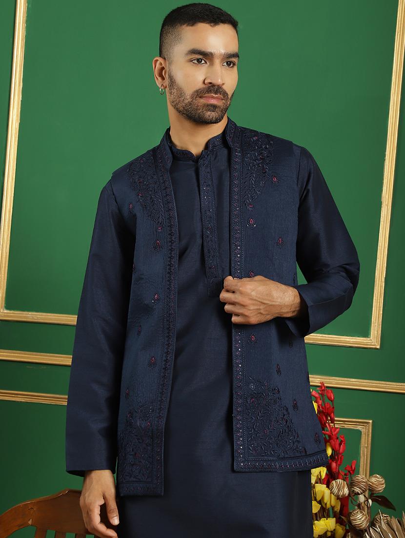 men embroidered kurta pyjama with jacket ethnic wear set - 21505348 - Zoom Image - 0