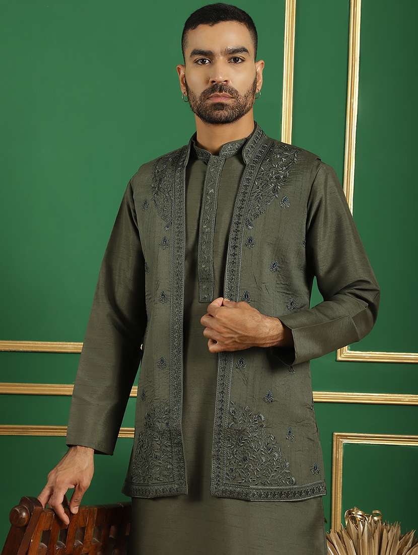 men embroidered kurta pyjama with jacket ethnic wear set