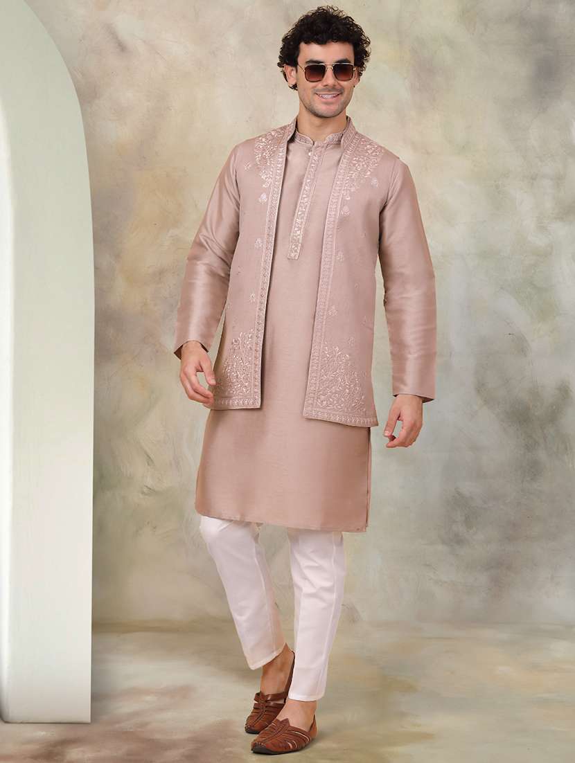 men embroidered kurta pyjama with jacket ethnic wear set