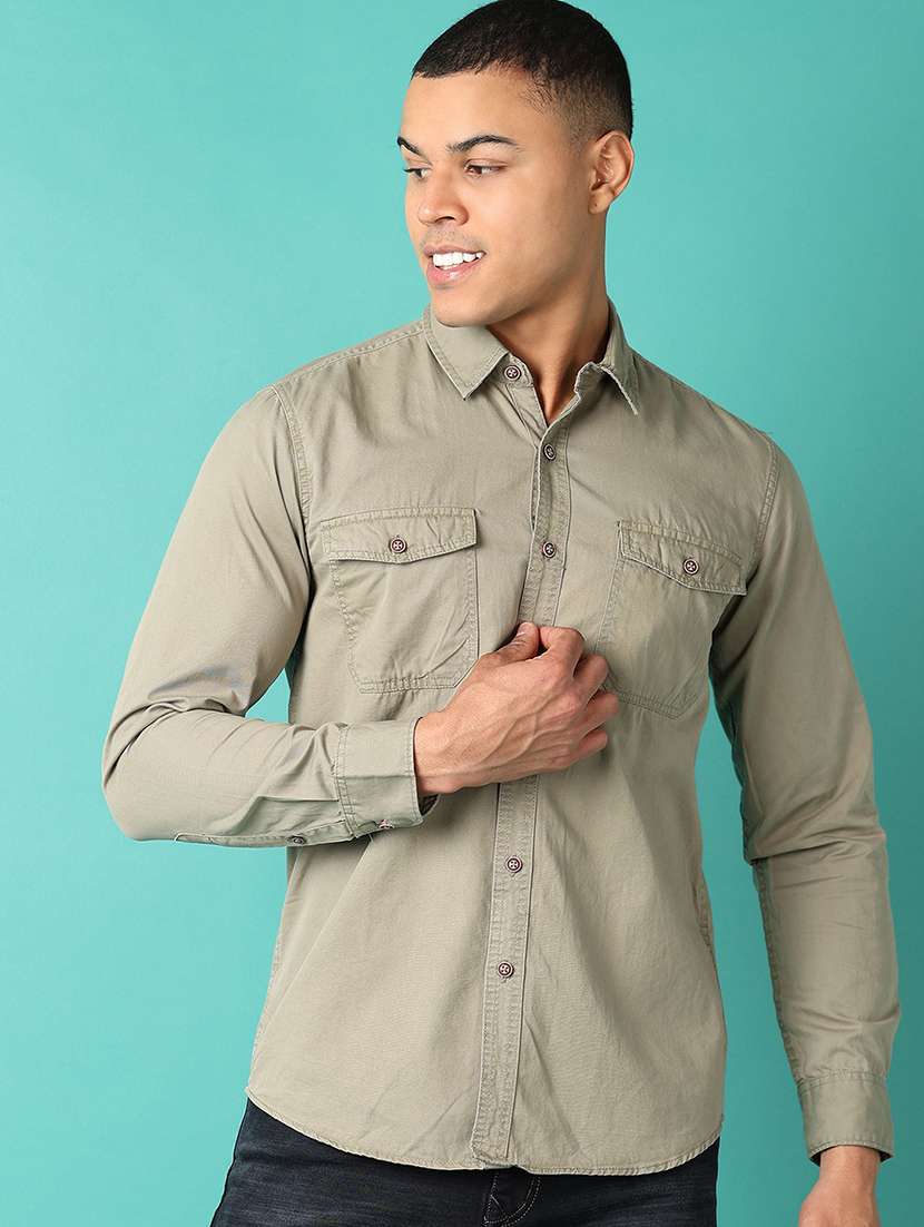 men olive solid casual shirt - 21505522 -  Standard Image - 3