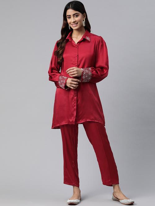 women solid maroon pure silk shirt and trouser co-ord set - 21506841 -  Standard Image - 0