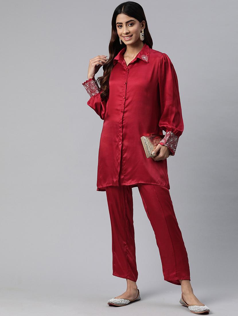 women solid maroon pure silk shirt and trouser co-ord set - 21506841 - Standard Image - 3