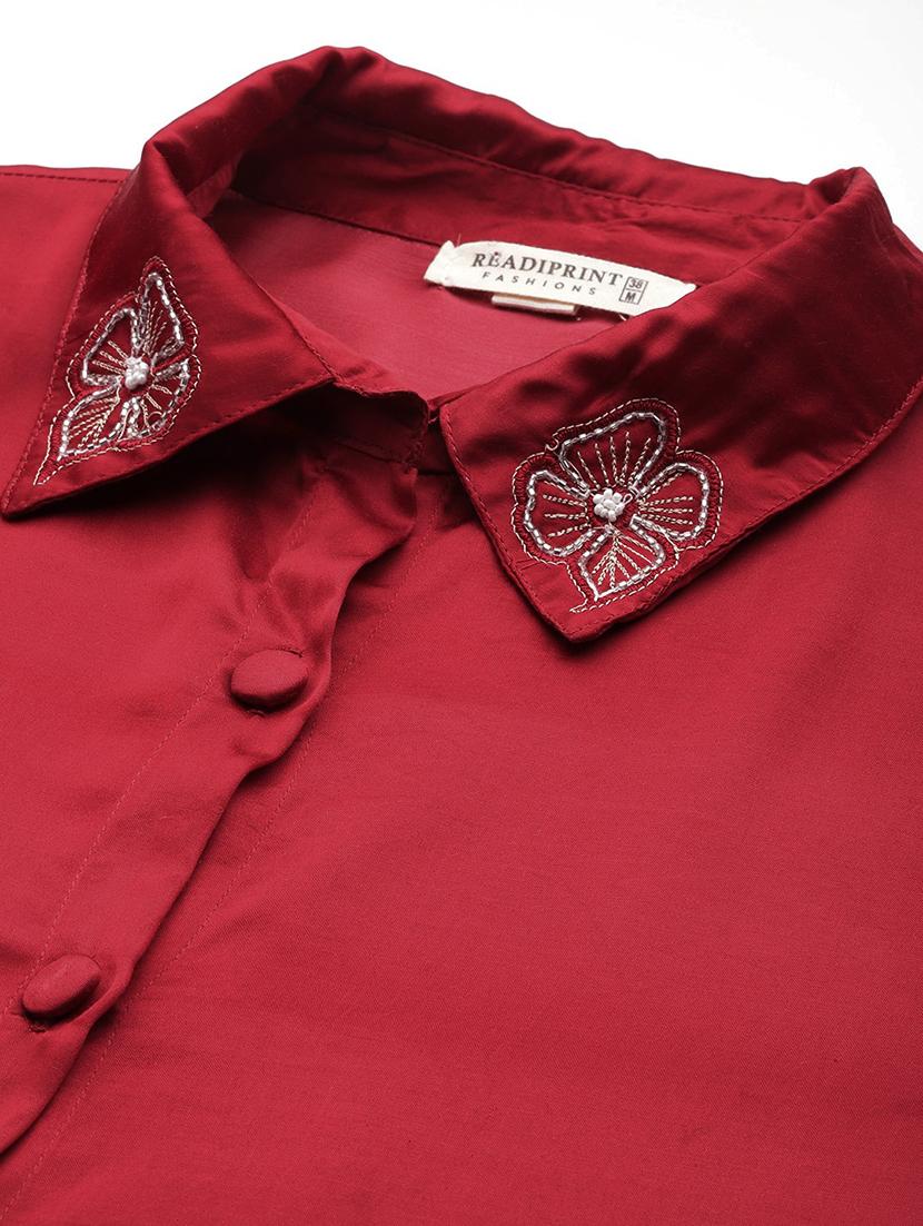 women solid maroon pure silk shirt and trouser co-ord set - 21506841 - Standard Image - 5
