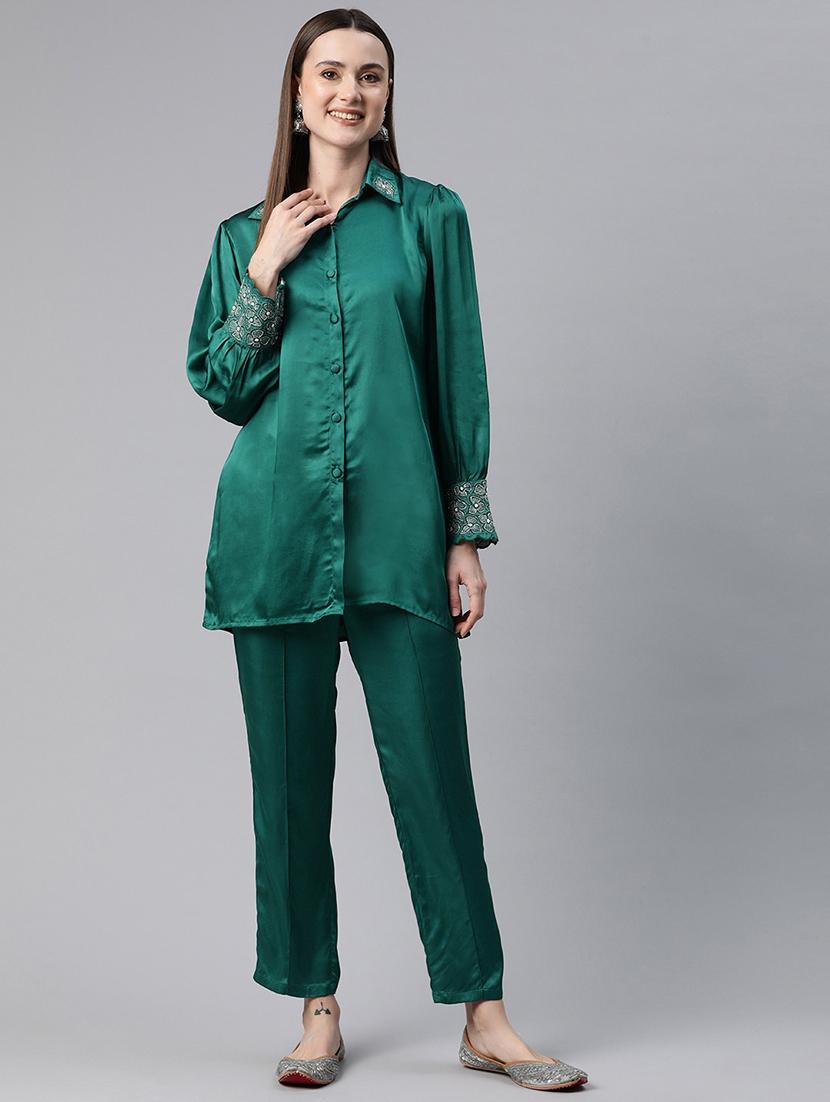 women solid teal pure silk shirt and trouser co-ord set - 21506842 - Standard Image - 3