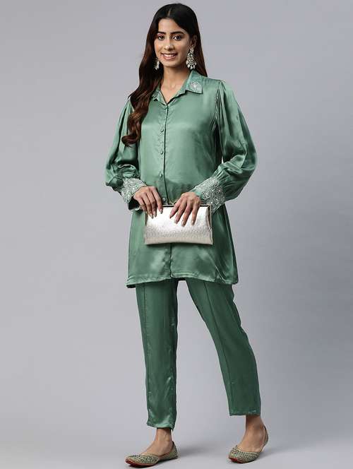 women solid green pure silk shirt and trouser co-ord set - 21506843 -  Standard Image - 0