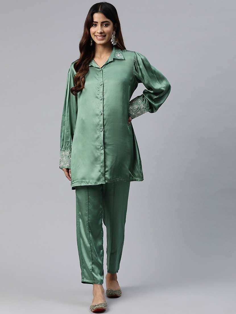 women solid green pure silk shirt and trouser co-ord set - 21506843 -  Standard Image - 3