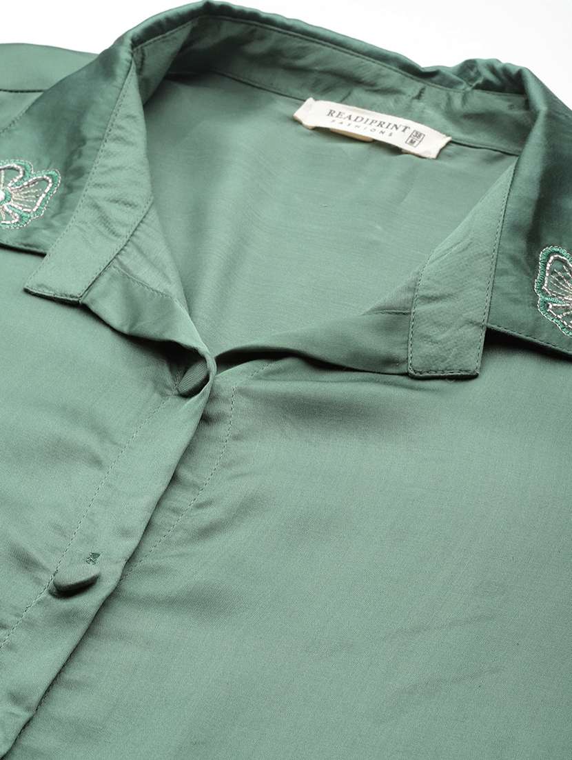 women solid green pure silk shirt and trouser co-ord set - 21506843 -  Standard Image - 5