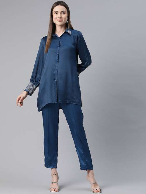 women solid blue pure silk shirt and trouser co-ord set - 21506844 -  Standard Image - 0