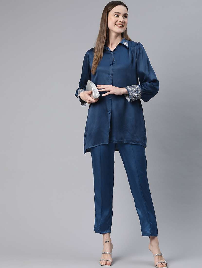 women solid blue pure silk shirt and trouser co-ord set - 21506844 -  Standard Image - 3