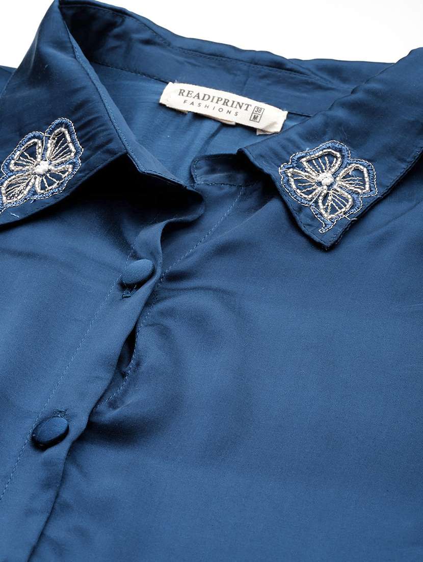 women solid blue pure silk shirt and trouser co-ord set - 21506844 -  Standard Image - 5