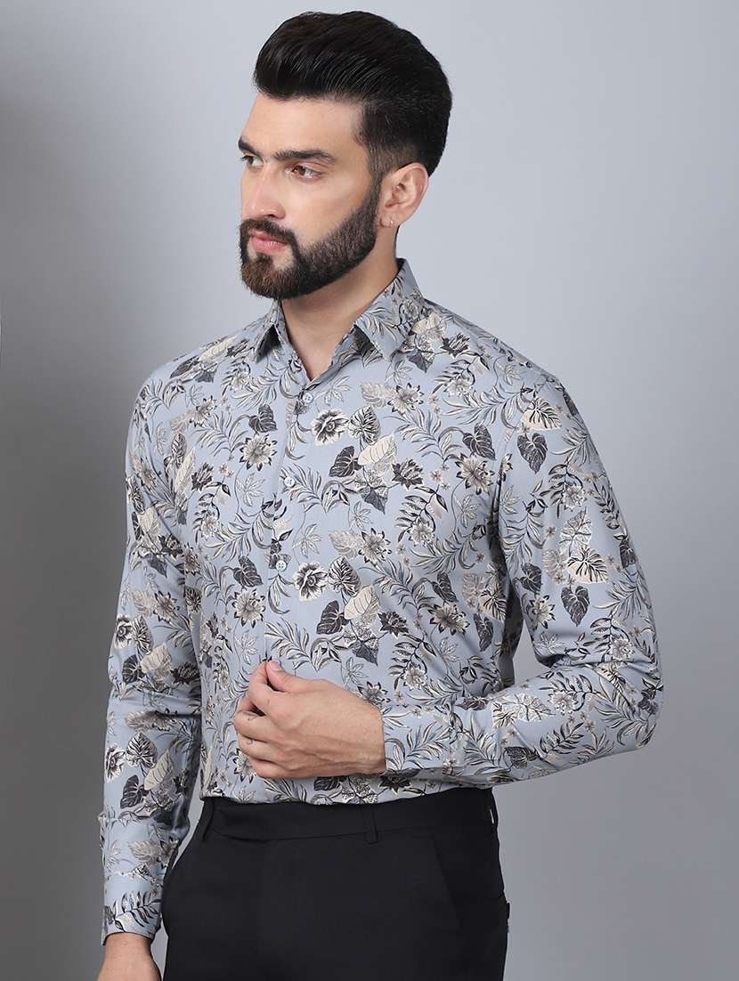men grey floral printed long sleeve casual shirt