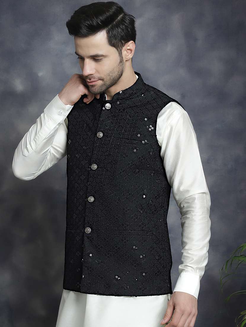 men mandarin neck sequined nehru jacket - 21506942 -  Zoom Image - 0