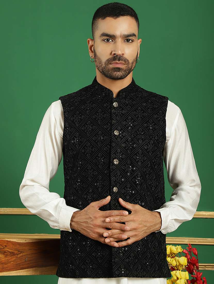 men mandarin neck embroidered nehru jacket