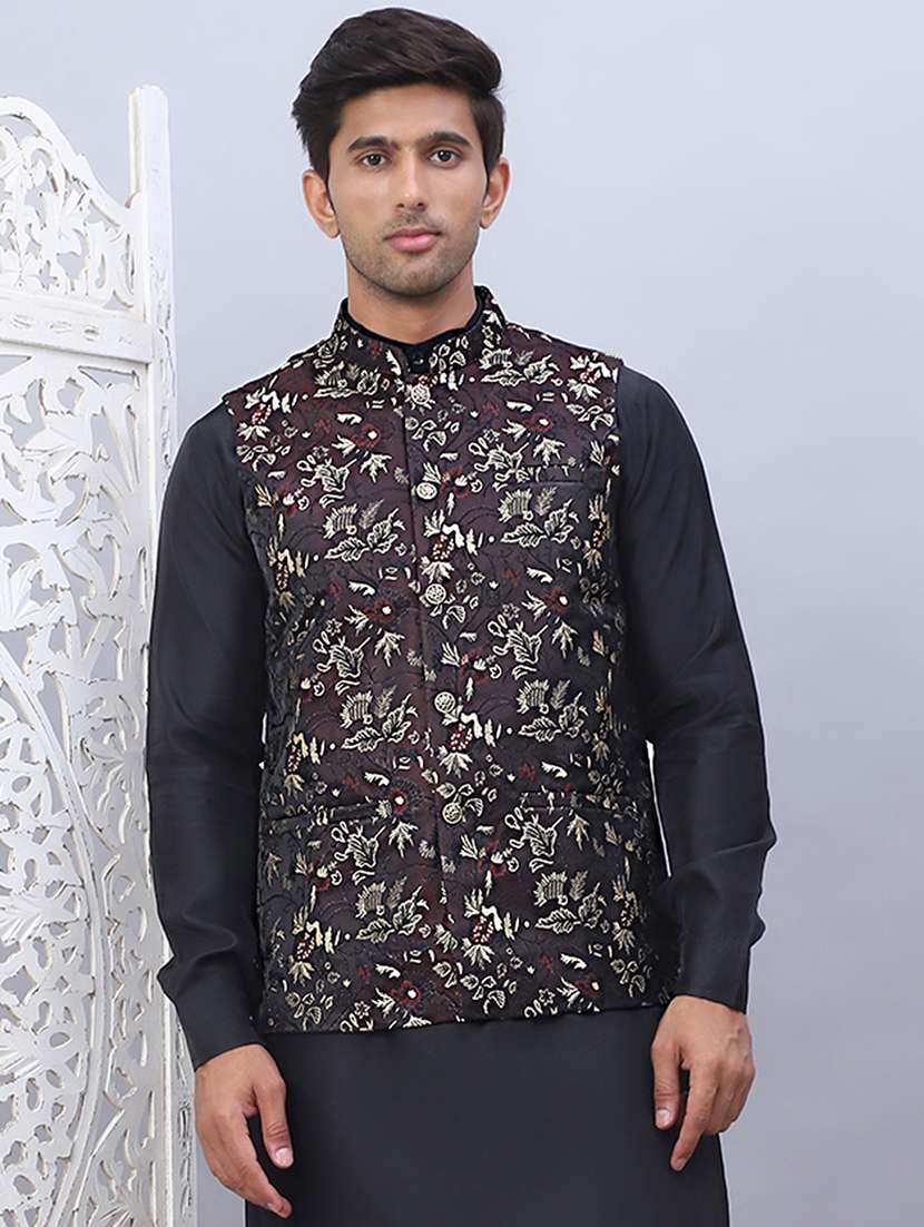 men mandarin neck embroidered nehru jacket