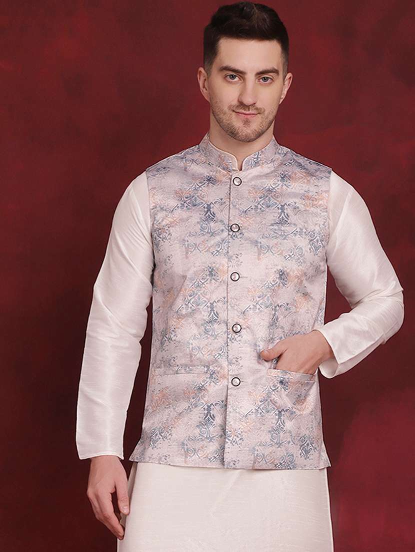 men mandarin neck printed nehru jacket
