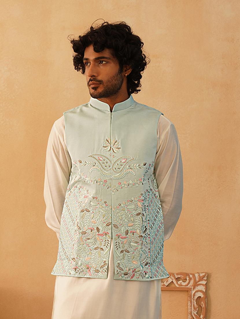 blue silk blend nehru jacket - 21507029 - Zoom Image - 0