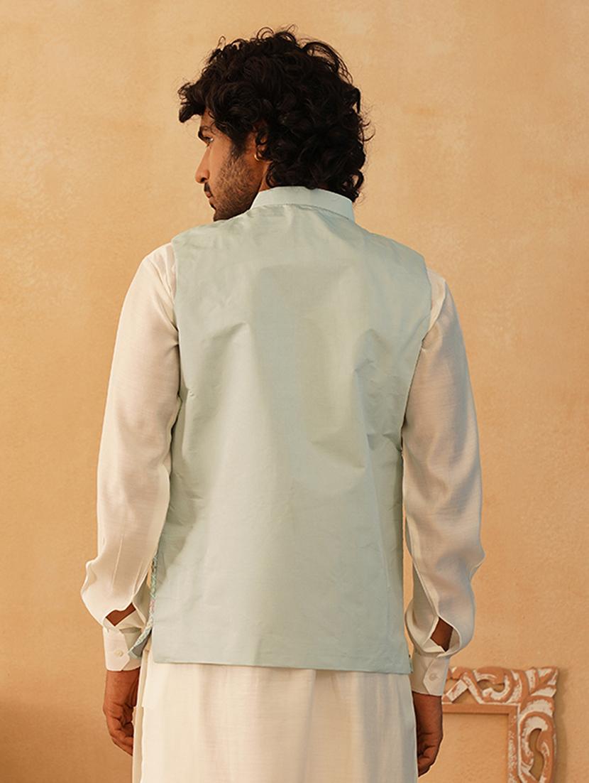 blue silk blend nehru jacket - 21507029 - Standard Image - 3