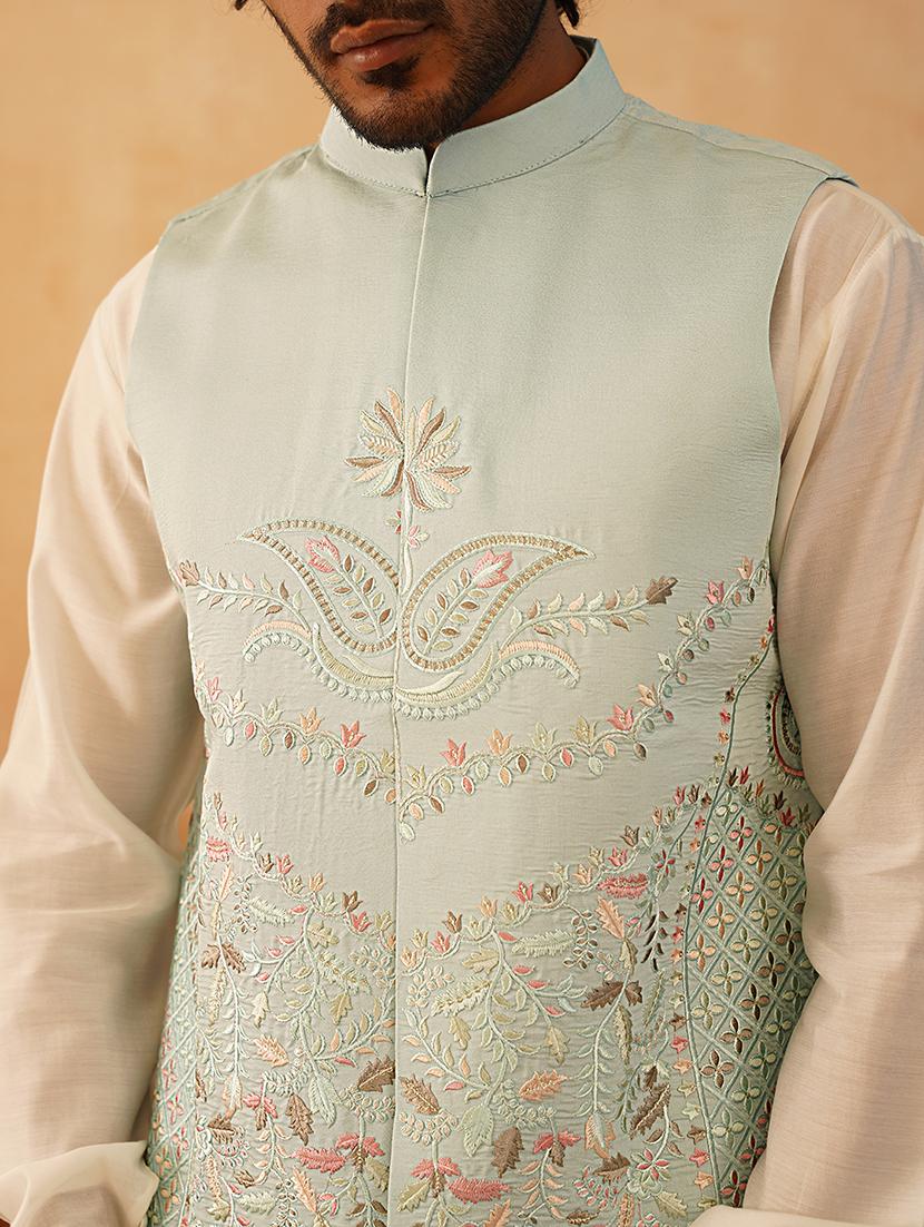 blue silk blend nehru jacket - 21507029 - Standard Image - 5