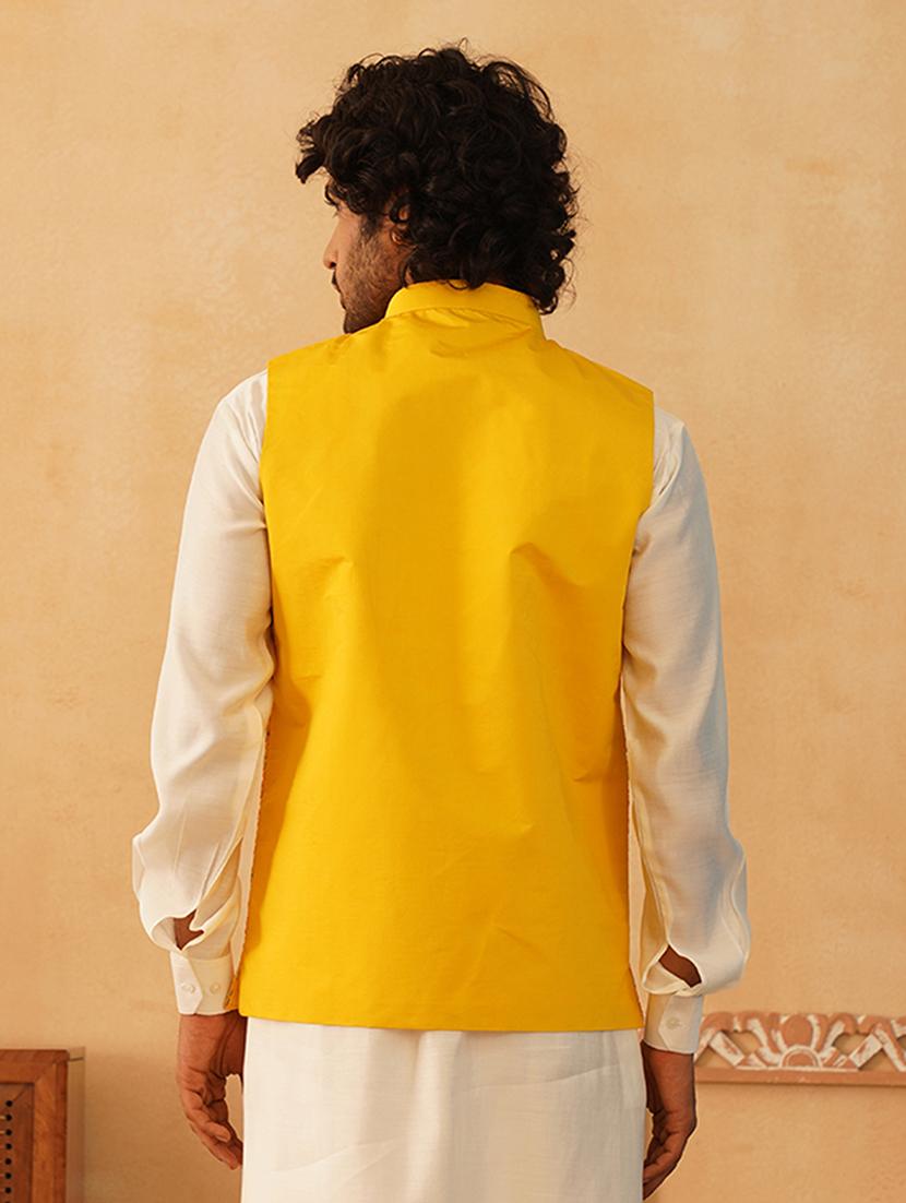 yellow silk blend nehru jacket - 21507030 - Standard Image - 3