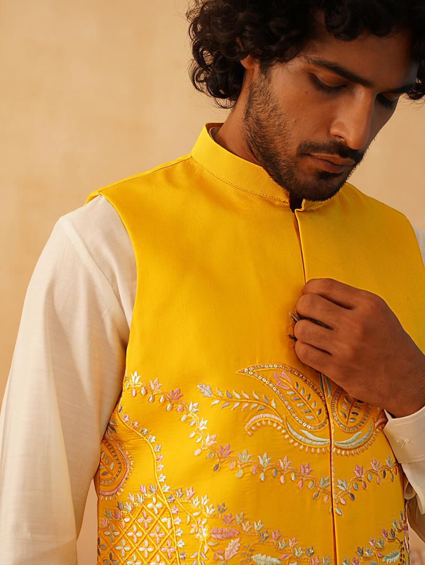 yellow silk blend nehru jacket - 21507030 - Standard Image - 5