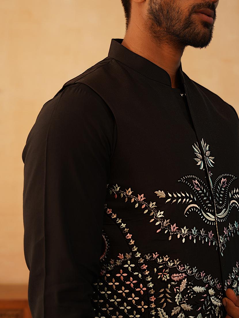 black silk blend nehru jacket - 21507031 - Standard Image - 5