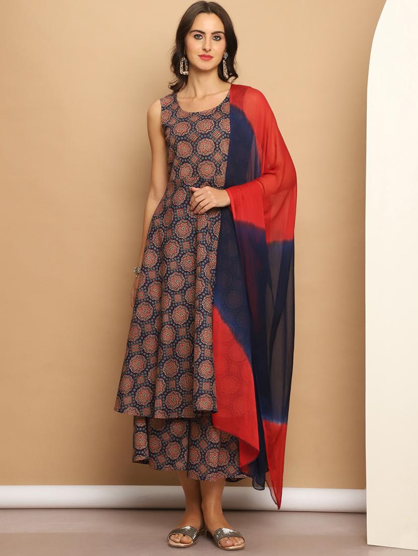 women navy blue sleeveless kurta palazzo with dupatta set - 21507054 - Zoom Image - 0