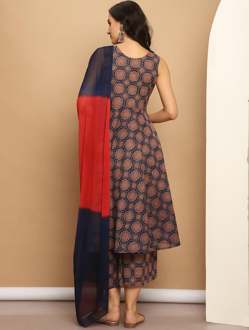 women navy blue sleeveless kurta palazzo with dupatta set - 21507054 - Standard Image - 3