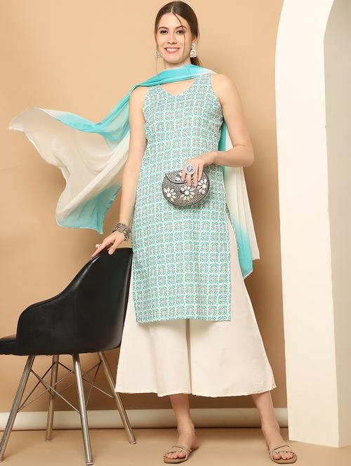 women light blue sleeveless kurta pant with dupatta set - 21507064 -  Standard Image - 0