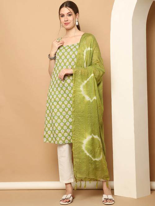 women olive sleeveless kurta pant with dupatta set - 21507075 - Standard Image - 0