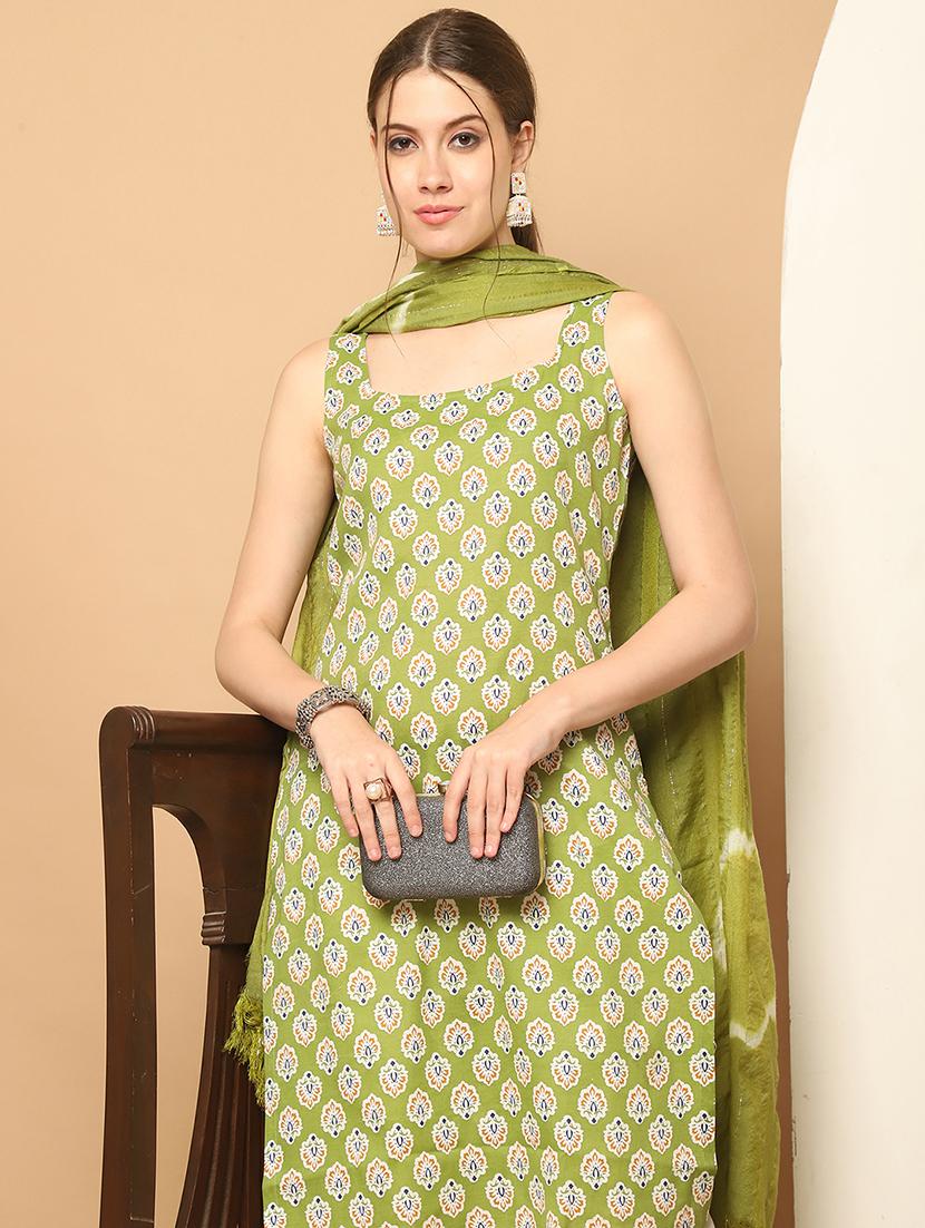 women olive sleeveless kurta pant with dupatta set - 21507075 - Standard Image - 3