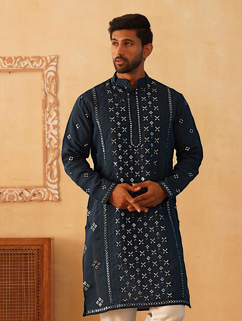 men mandarin neck sequined long kurta - 21507202 - Standard Image - 3