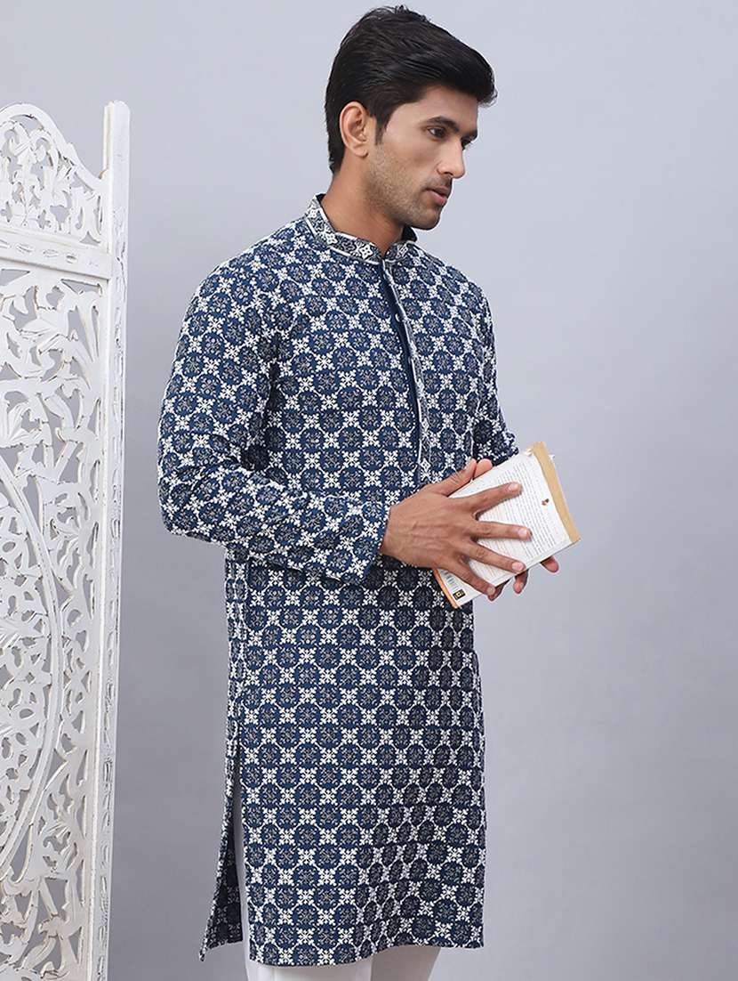 men solid with work mandarin neck long kurta - 21507219 -  Standard Image - 3
