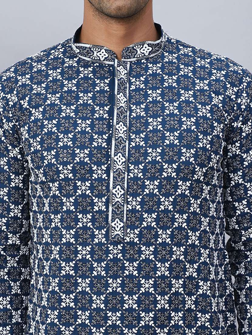 men solid with work mandarin neck long kurta - 21507219 -  Standard Image - 5