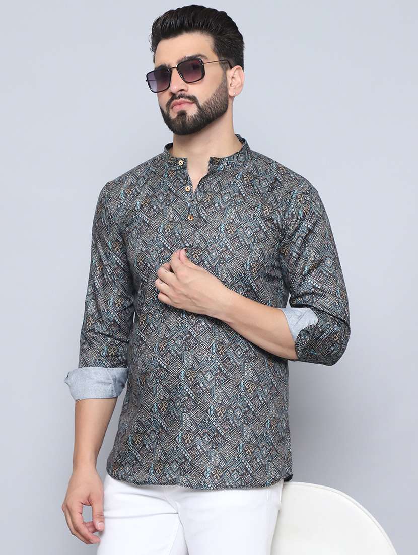 men mandarin neck printed short kurta - 21507235 -  Zoom Image - 0