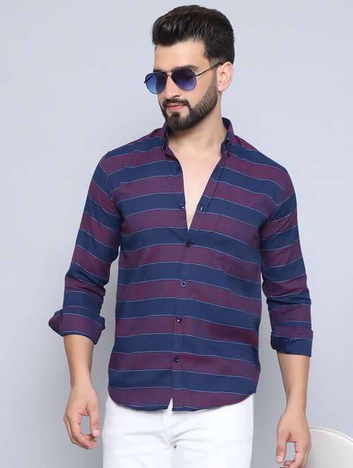 Men Navy Blue Striped Cotton Casual Shirt