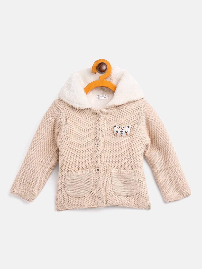 girls beige self design cotton sweater