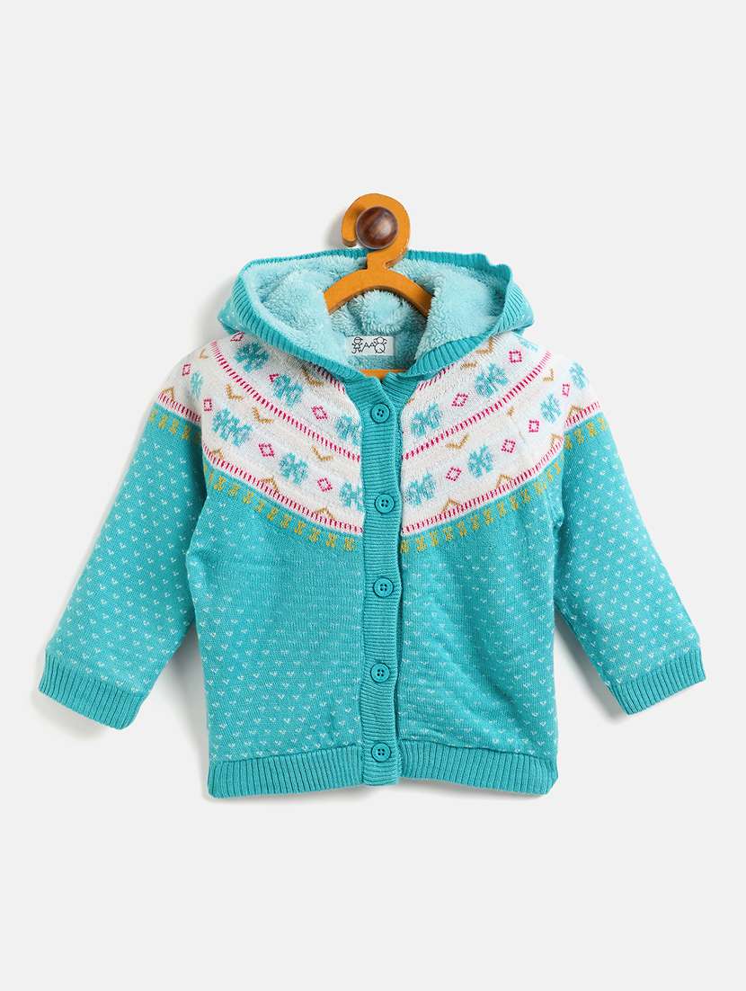girls sea green self design cotton sweater  - 21507474 -  Zoom Image - 0