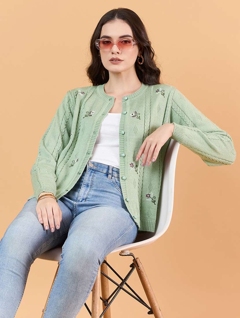 women sea green self design wool cardigan - 21507596 -  Standard Image - 3