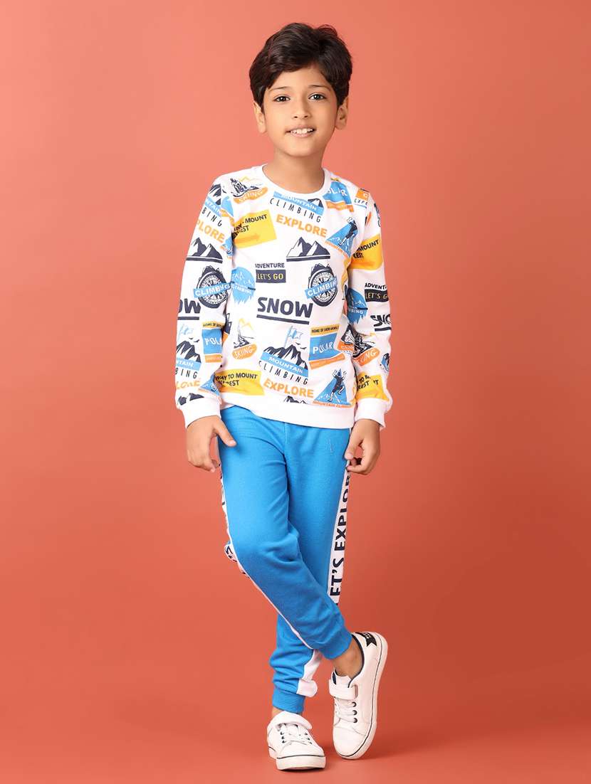 boys white printed full length set 