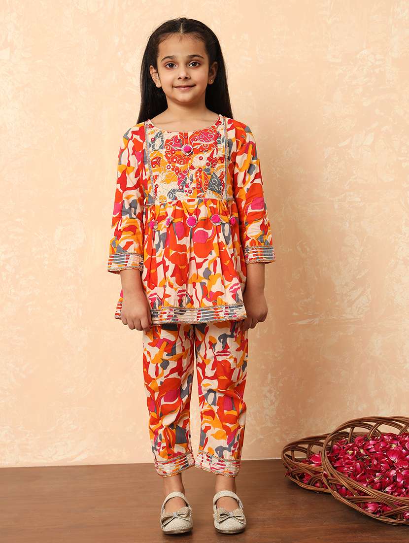 girls orange cotton kurta pant set 
