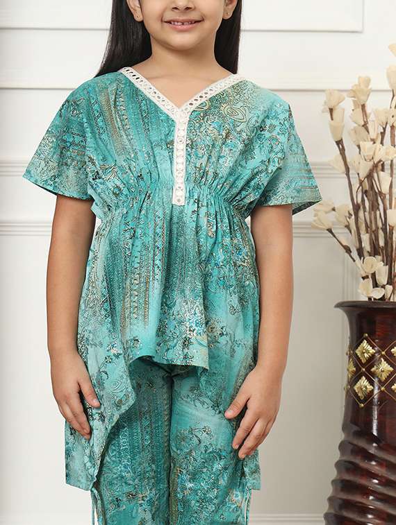 girls sea green cotton kurta pant set - 21507985 -  Standard Image - 5