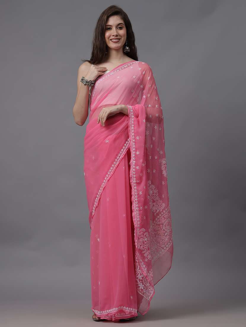 women chikankari work saree with blouse