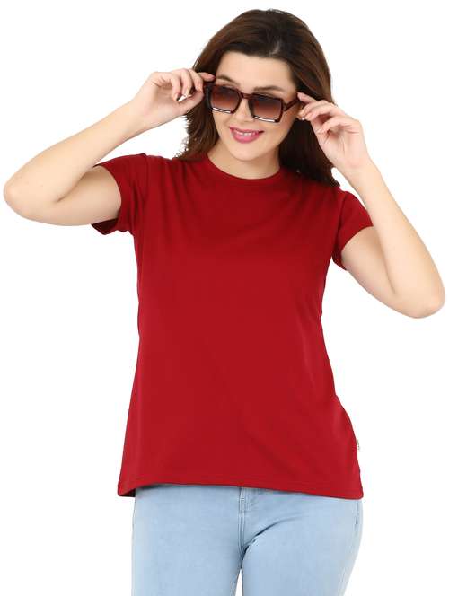 women maroon cotton blend regular tee