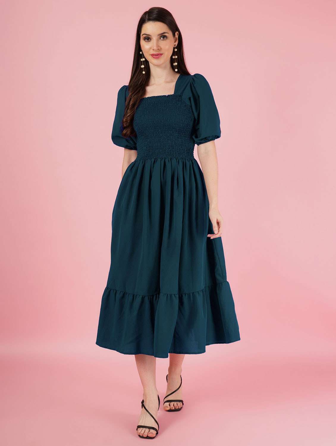 women teal blue polyester fit & flare dress