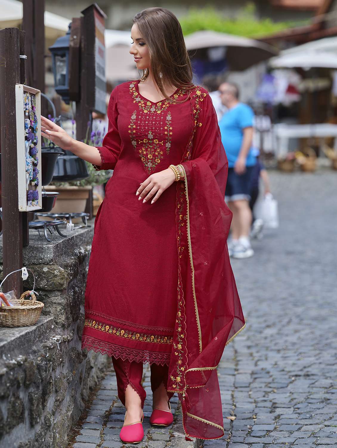 women embroidered dhoti kurta set with dupatta