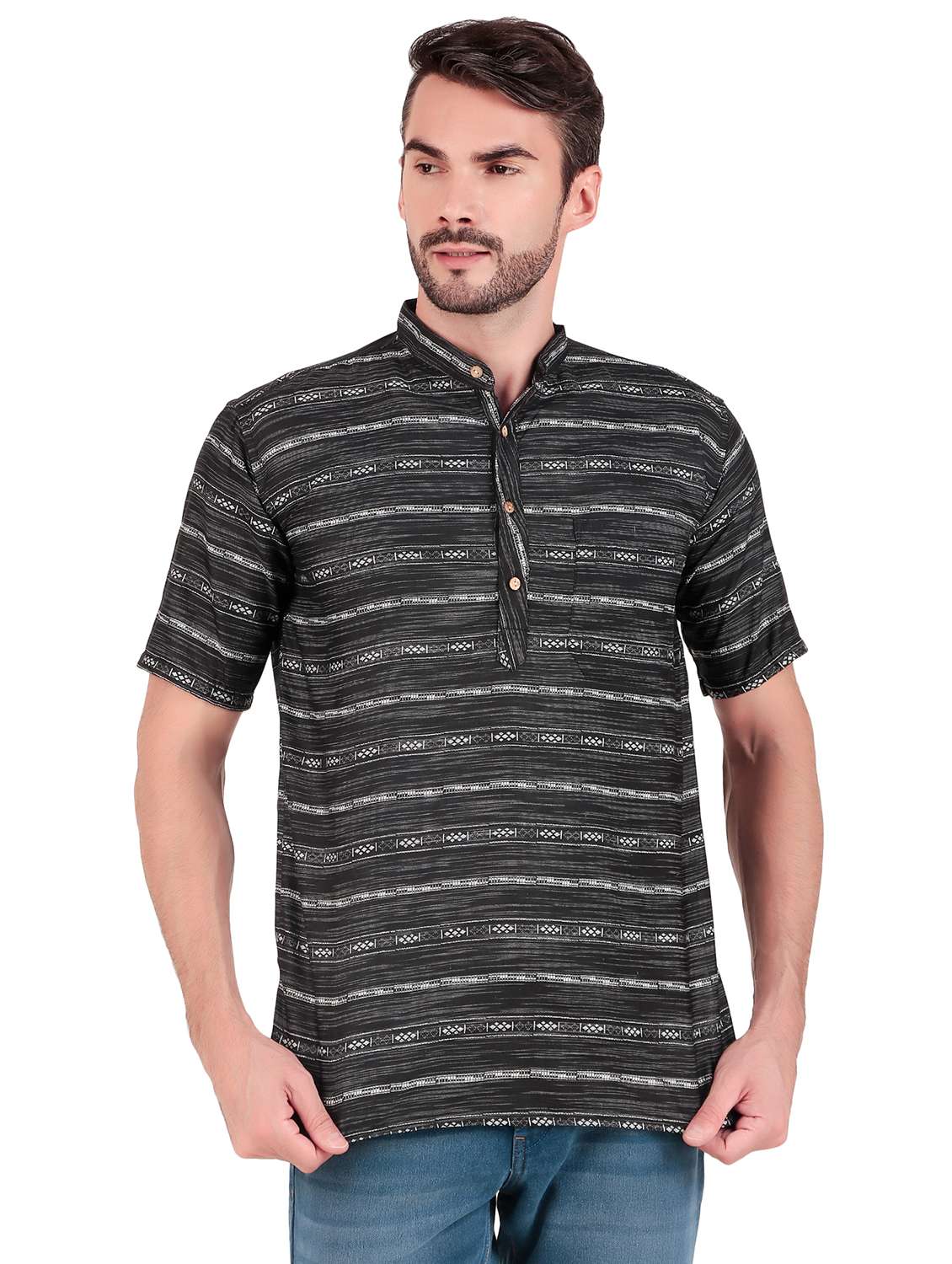 men self design short sleeves short kurta