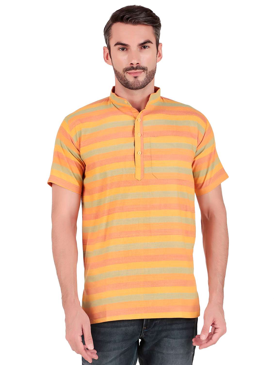 men striped short sleeves short kurta
