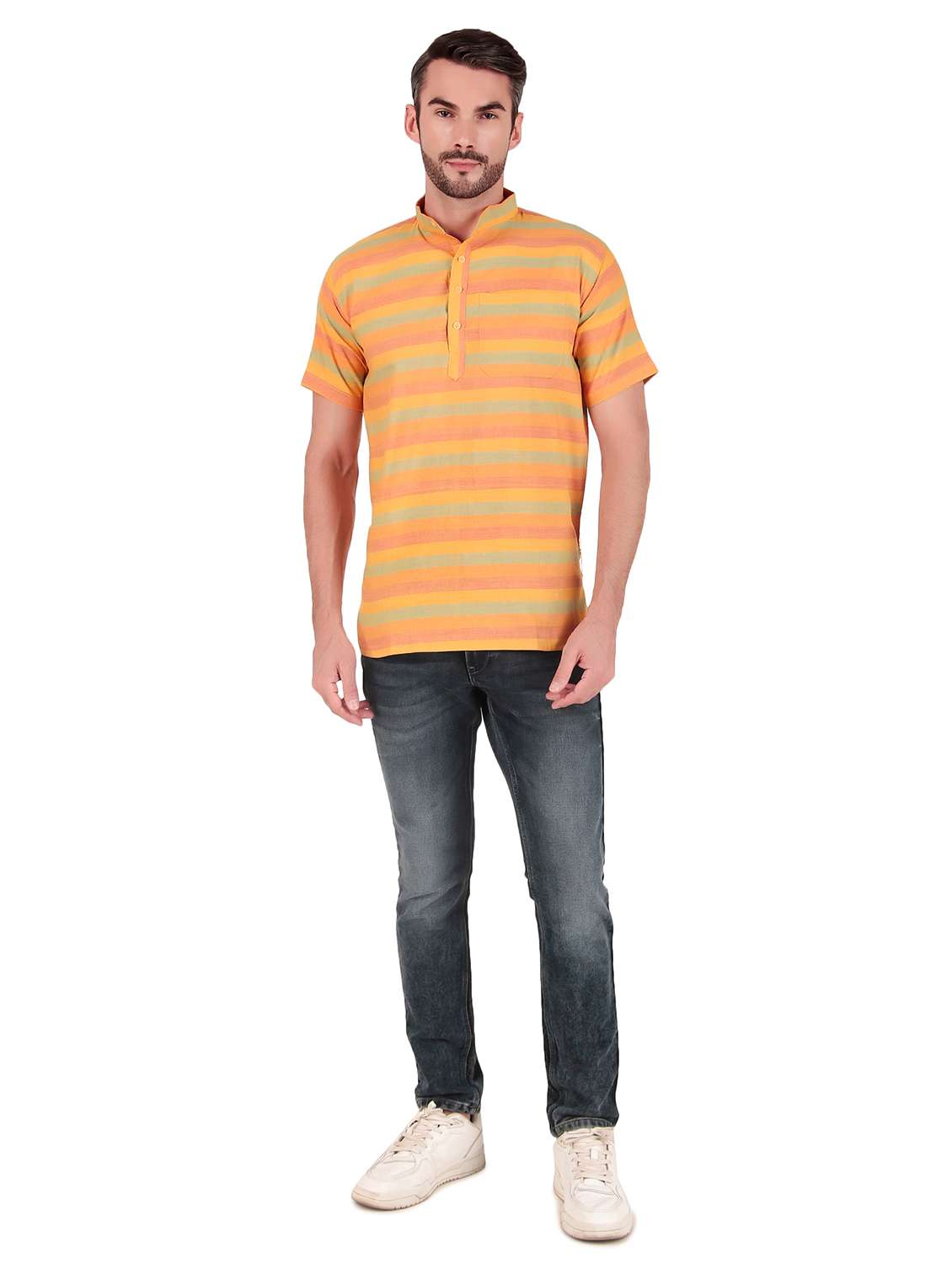 men striped short sleeves short kurta - 21509466 -  Standard Image - 3